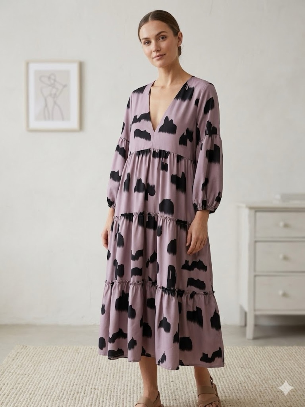 Abstract Brushstroke Tiered V-Neck Midi Dress - Dusty Pink & Black - Size M
